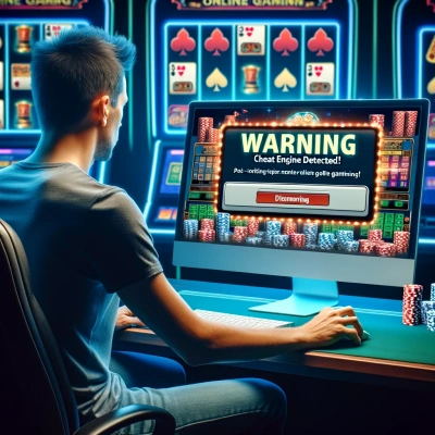 Representación de una persona frente a la pantalla de un ordenador con un mensaje de alerta que indica la detección de un Cheat Engine en un casino en línea.