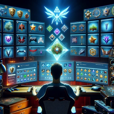 un jugador concentrado en una instalación de juego, rodeado de pantallas que muestran una rica colección de objetos virtuales raros