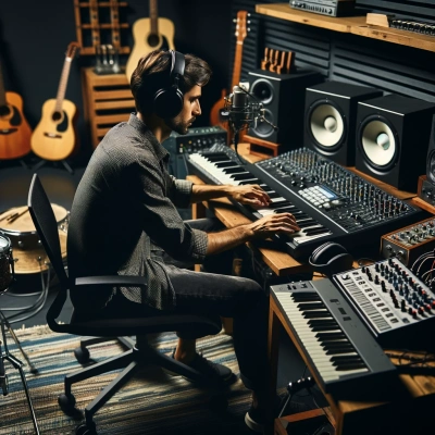 Compositor en un estudio de música, centrado en la creación de la banda sonora de un videojuego.