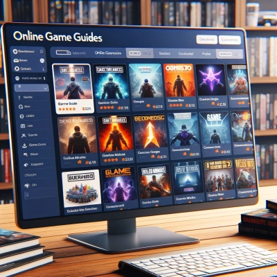un espacio de trabajo bien organizado con una pantalla de ordenador que muestra una guía completa del juego