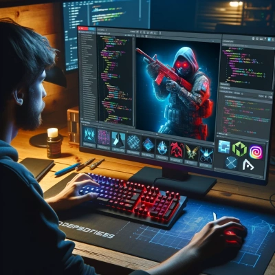 Representación de un jugador frente a su ordenador, profundamente implicado en la modificación de un juego.