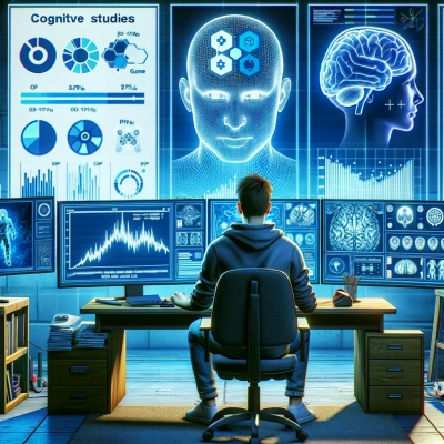 psicólogo que analiza gráficos de datos y escáneres cerebrales relacionados con la psicología de los videojuegos