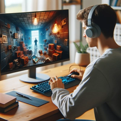 Una persona está inmersa en un juego de escape virtual en el ordenador de su casa.