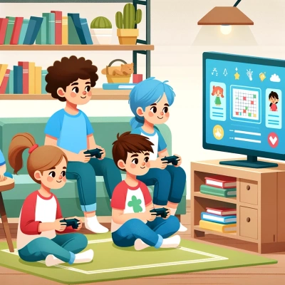Niños jugando en casa a un videojuego educativo.