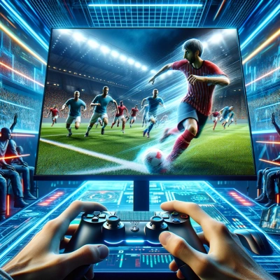 una escena dinámica de un juego virtual de simulación deportiva con jugadores inmersos en una intensa competición