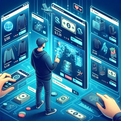 un usuario que navega por una plataforma de comercio digital, repleta de diversos artículos virtuales en venta