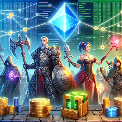 personajes de un videojuego de fantasía intercambiando objetos del juego, con un telón de fondo de código digital y conexiones de red.